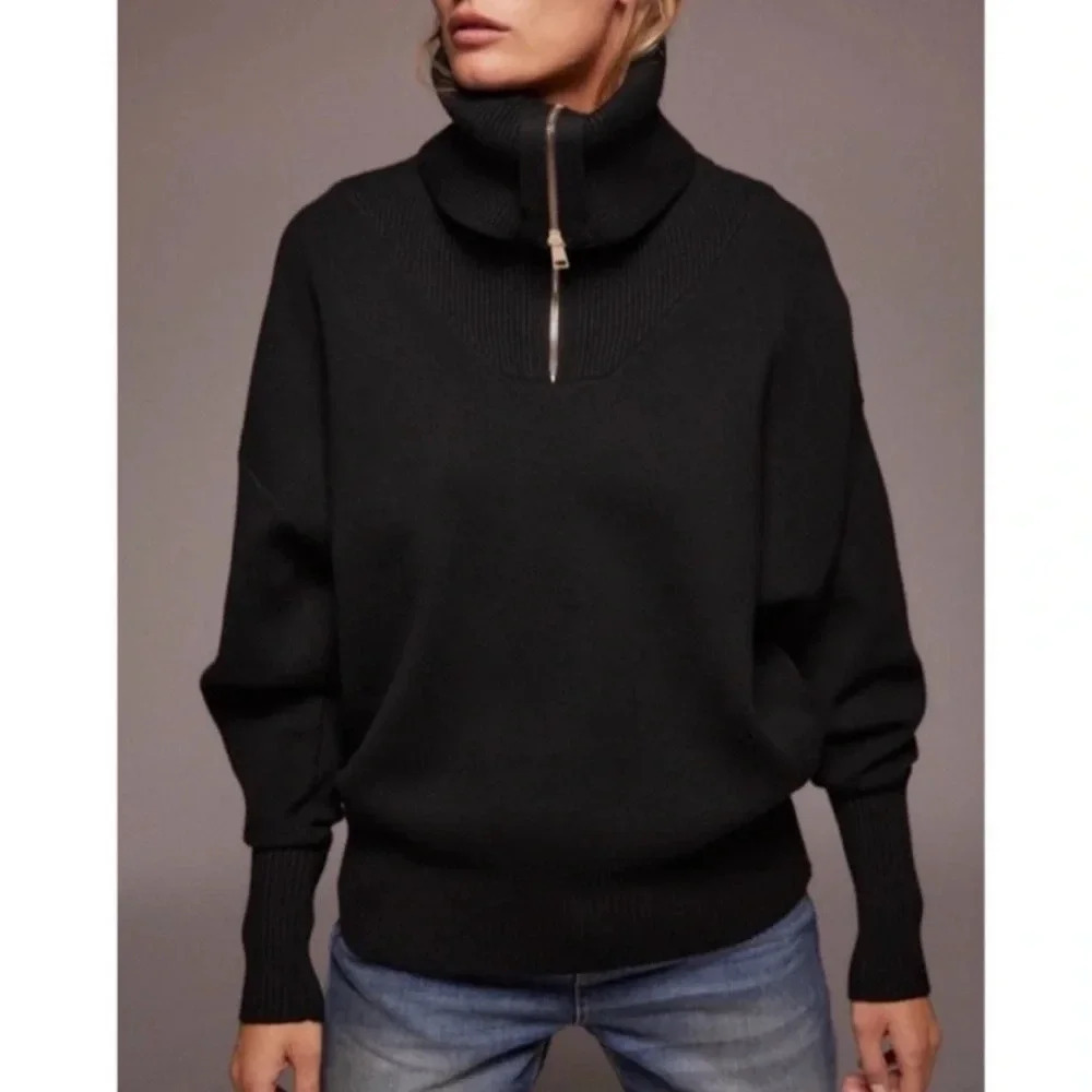 Zara Oversized Soft Half-Zip Black Batwing Turtleneck Sweater